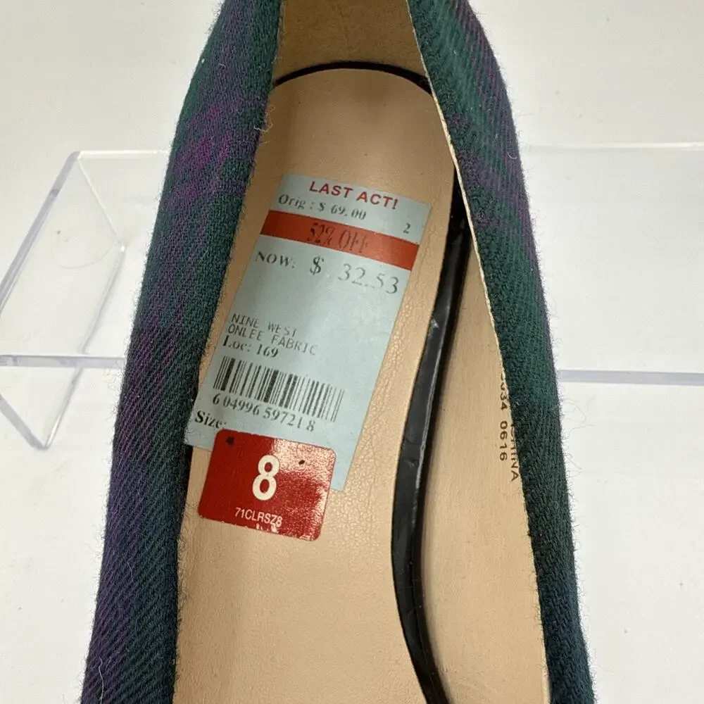 Nine West Women's Onlee Multicolor Plaid Fabric Pointed Toe Flats Size 8 M NWB